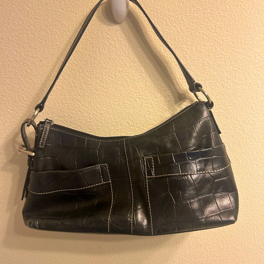 Fossil Black Leather Key Handbag Purse Shoulder Bag 12 Inch